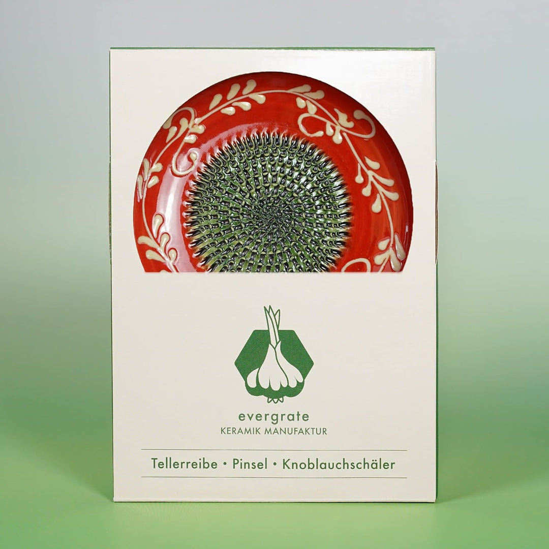 Evergrate® Keramikreibe Fernando mit Geschenkbox – mit Reibe, Knoblauchschäler, Rezeptheft & Pinsel