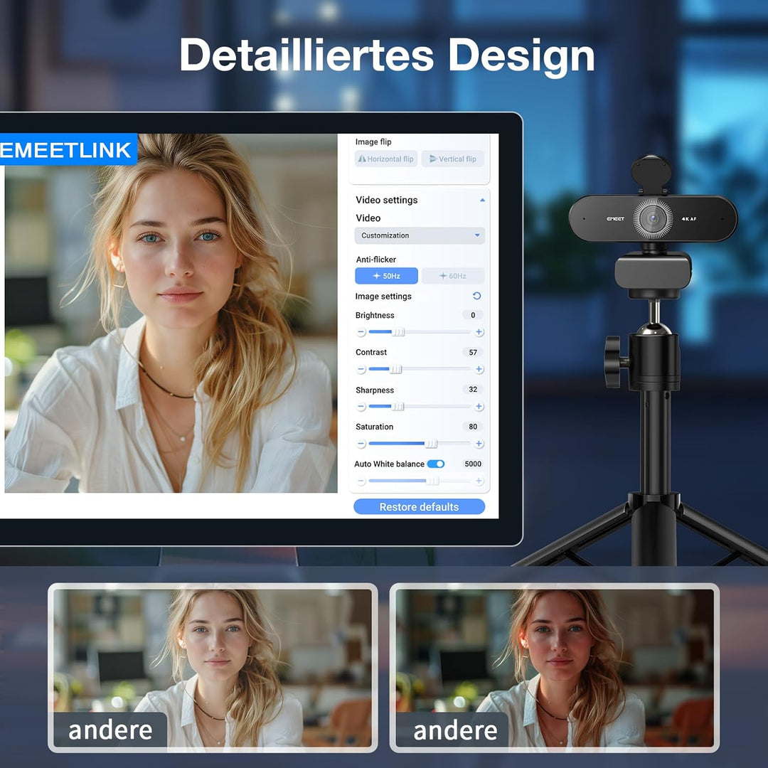 EMEET Webcam 4K, NOVA 4K mit Ständer, 2 Mikrofon mit Rauschunterdrückung, Ultra HD-Webcam mit 73° We