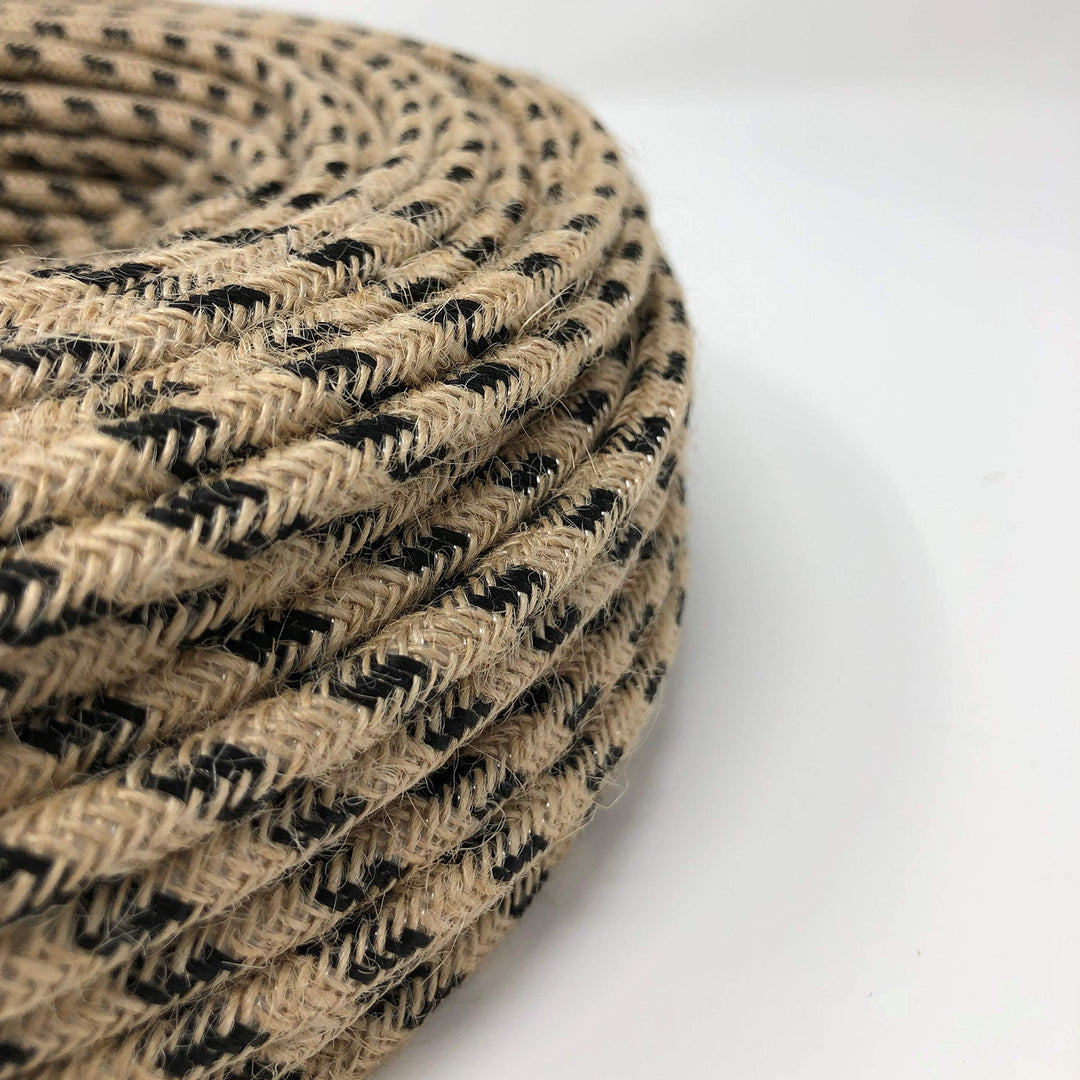 Textilkabel für Lampe, Stoffkabel 3-adrig (3x0,75mm²) - Jute/Schwarze Baumwolle. Made in Italy (10 M