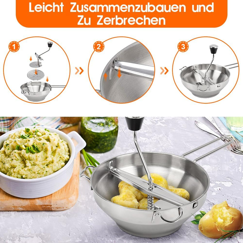 Edelstahl-Lebensmittelmühle, Kartoffelpresse mit 3 Austauschbaren Zerkleinerungsplatten, Manuelle Le