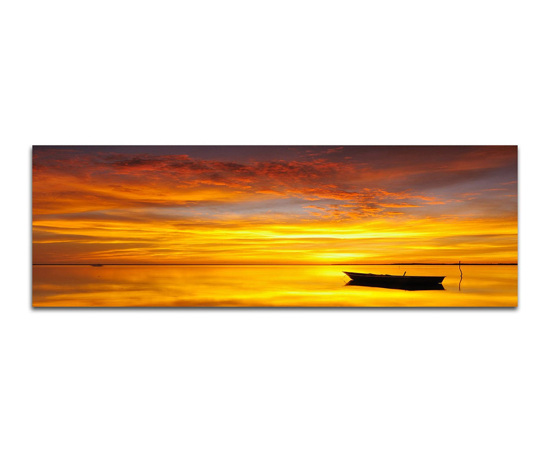 Paul Sinus Art Panoramabild auf Leinwand und Keilrahmen 150x50cm Meer Boot Sonnenuntergang Wolken Re