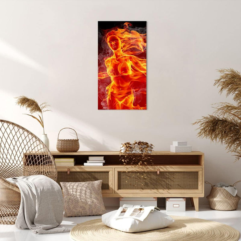 Bilder auf Leinwand 55x100cm Leinwandbild mit Rahmen Frau Flammen Illustration Gross Wanddeko Bild S