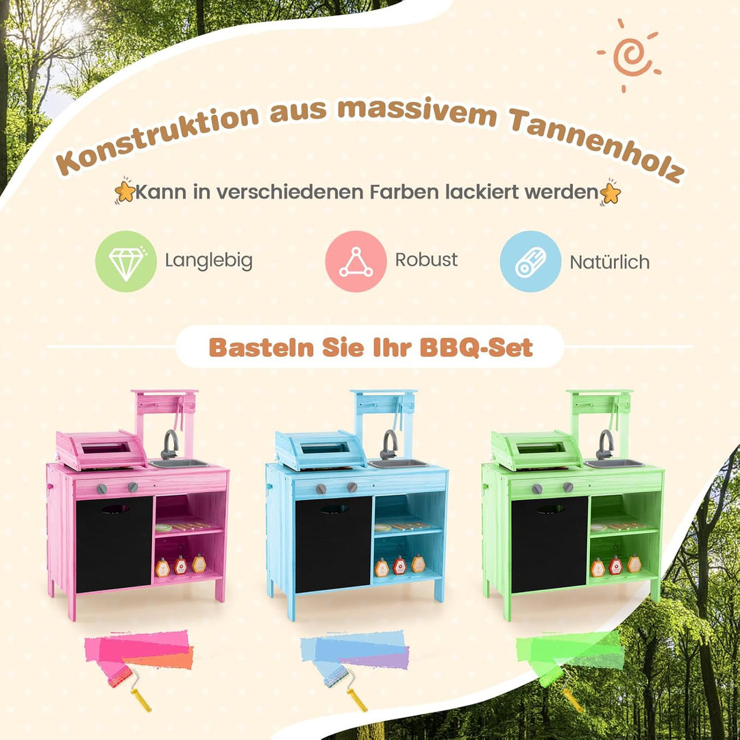 DREAMADE Matschküche Kinder Outdoor, Outdoorküche mit BBQ-Grill & Waschbecken & Tafel, Outdoor Küche