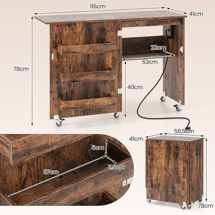 COSTWAY 2 in 1 Nähtisch klappbar mit Ladestation, Nähmaschinenschrank aus Holz mit Regalen, Nähschra