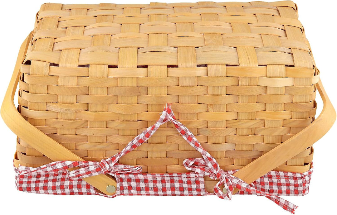 Geflochten Picknickkorb mit Henkel und Leinentuch, 34x21x16cm Rechteckig Picknickkorb aus Weide, Ges