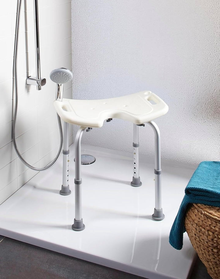 Duschhocker mit Hygieneaussparung, 8-Fach höhenverstellbar 38-55 cm Duschstuhl mit Seitliche Haltegr