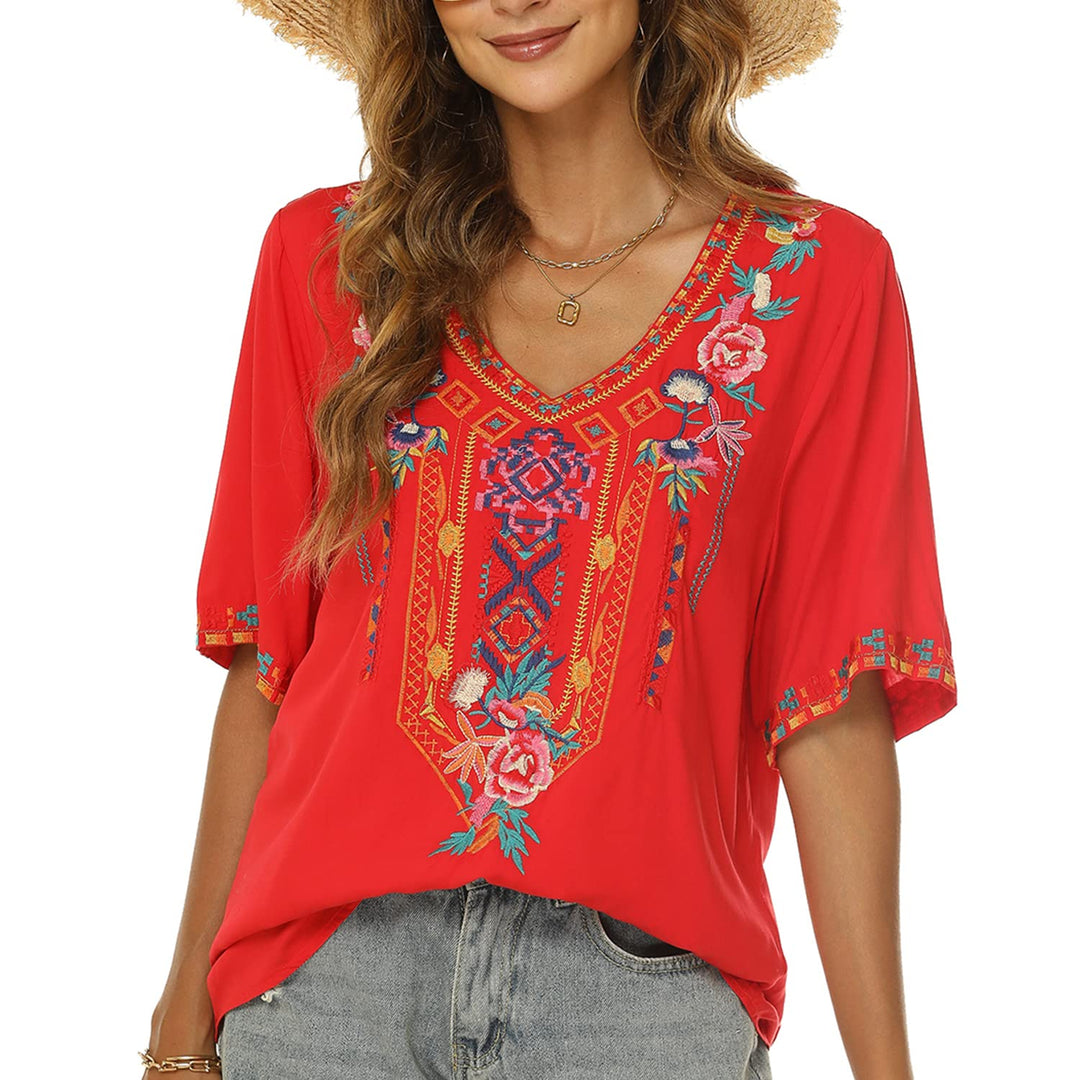 Seasonal Tunika Damen Sommer Boho Bluse Folklore Stickerei Oberteil Trachten Hippie Kleidung Kurzarm
