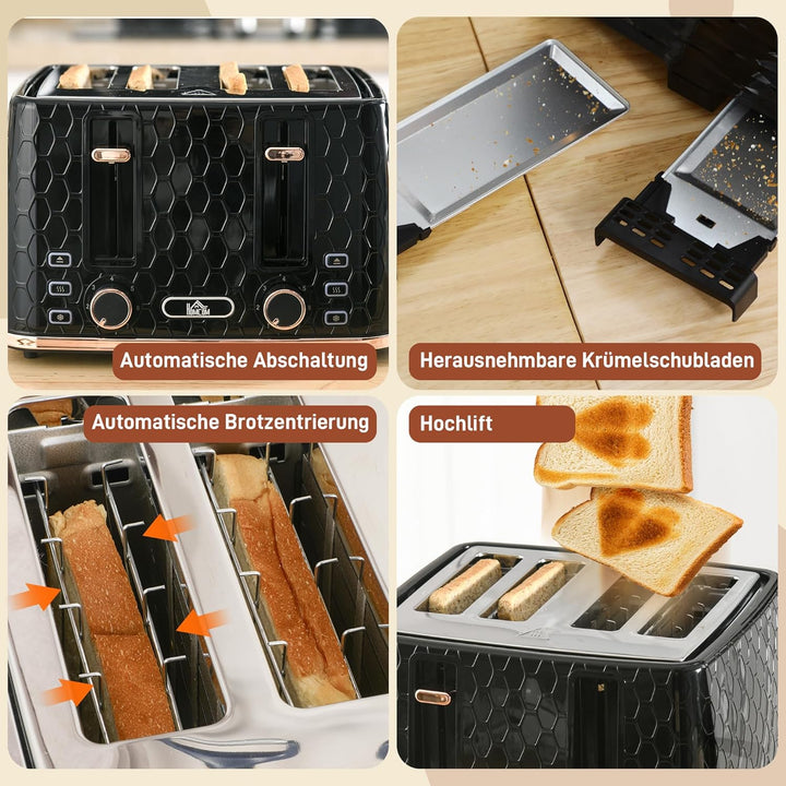 HOMCOM Toaster 4 Scheiben mit 7 Bräunungsstufen, Edelstahl mit Brötchenaufsatz, Auftaufunktion, Aufw
