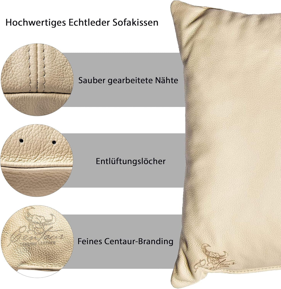 Centaur - Deko Lederkissen 50 x 40 cm für Sofa oder Schlafzimmer Champagner/beige - Echt Leder Kisse