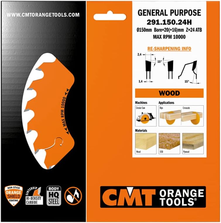CMT Orange Tools Kreissägeblatt HW 150 x 2,4 / 1,4 x 20 Z=24 15° ATB - 291.150.24H - für Längs- und