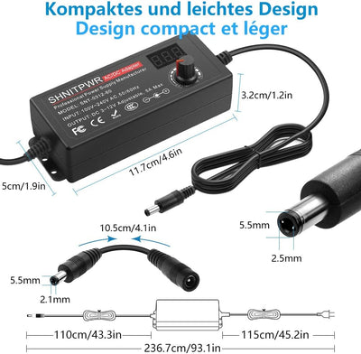 SHNITPWR Universal 3.5V~12V Netzteil 60W 5A Schalt-Netzteil Adapter AC/DC, mit 14 pcs Adapter Stecke