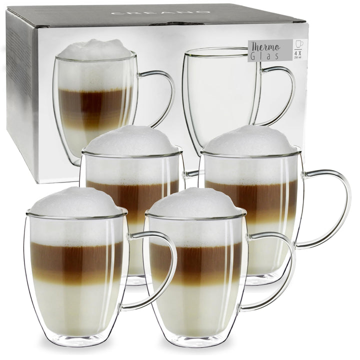 Creano doppelwandiges Thermoglas mit Henkel 250ml, grosses Doppelwandglas aus Borosilikatglas, Kaffe