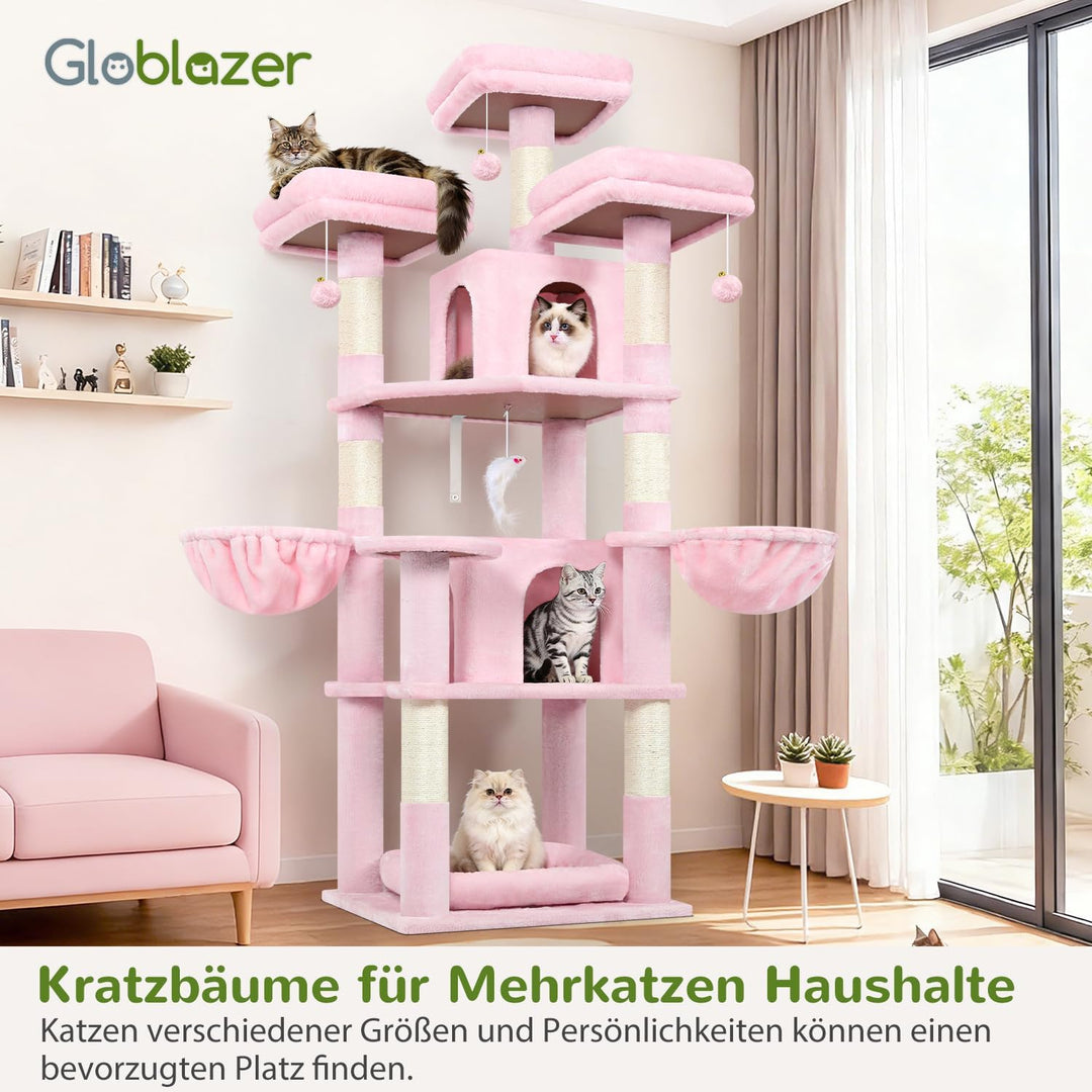 Globlazer Kratzbaum Rosa Stabil 174 cm mit 3 Gepolsterte Sitzstangen, 2 Katzenhaus, 2 Korb, Abnehmba