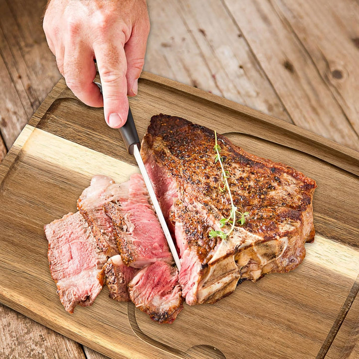 6er Set Steakbretter aus Akazienholz, Holz Steak Servierbrett mit Saftk, Küche Schneidebrett Steakte