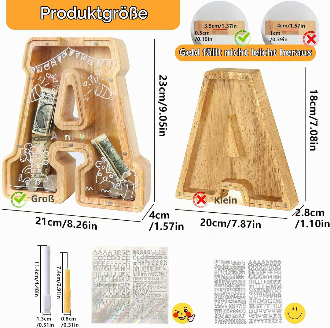 Lakpopya Spardose Buchstaben aus Holz für Kinder Erwachsene Gross A-Z Personalisiert Sparschwein mit