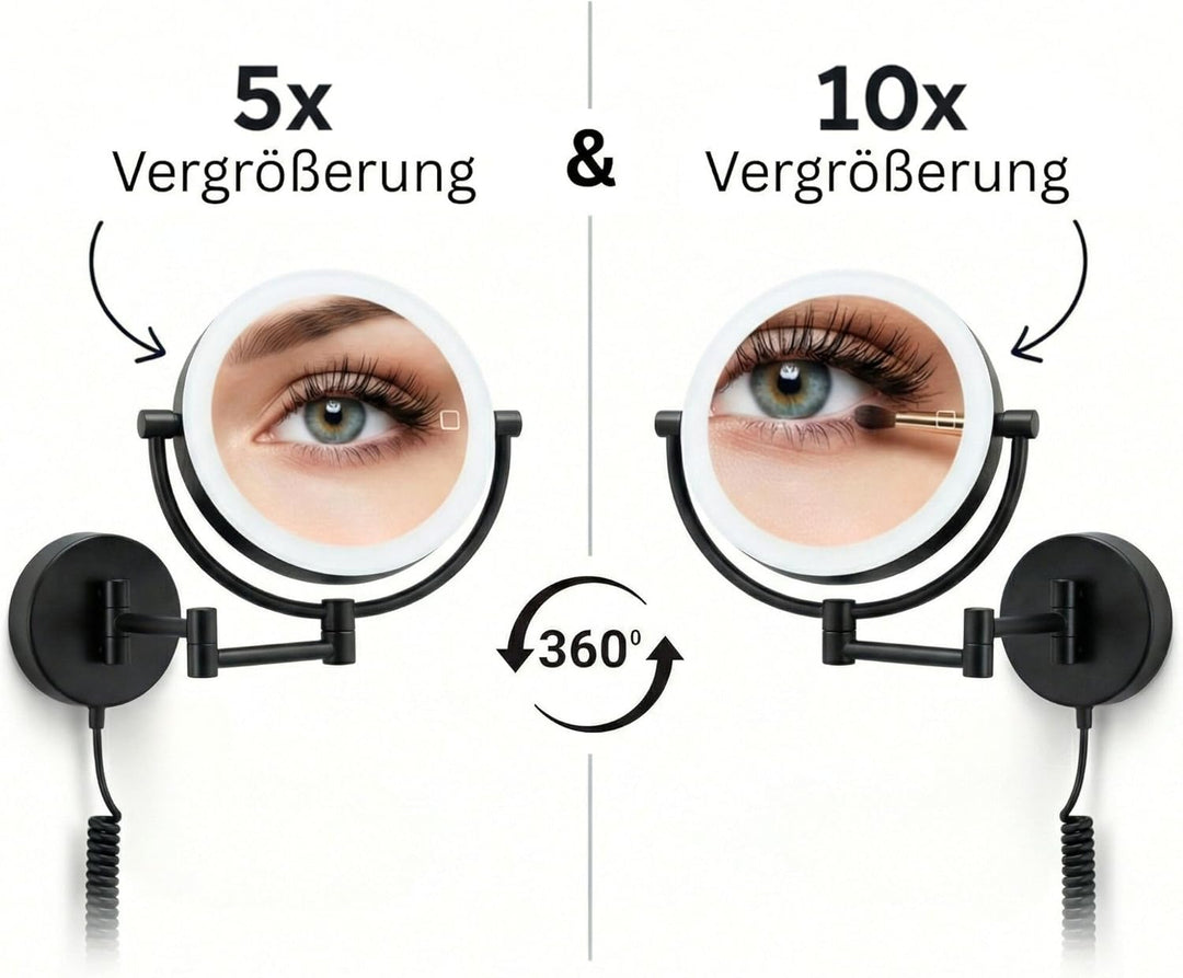 LED Kosmetikspiegel Modena schwarz – 360° Wand-Schminkspiegel mit Dimmer, Tageslicht-LEDs &amp; 5x/10x V