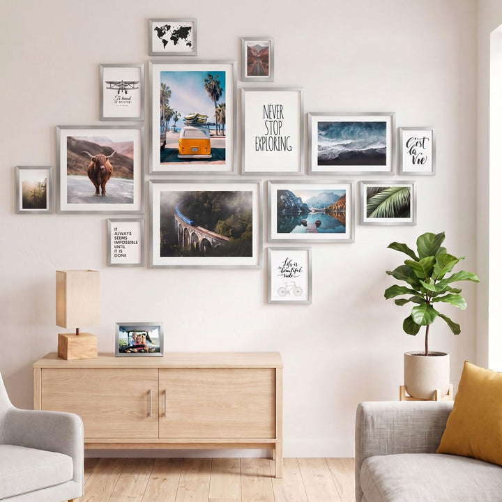 PHOTOLINI silberne Bilderrahmen Set verschiedene Grössen, 14 Bilderrahmen Silber Holz MDF, Bilder Ra