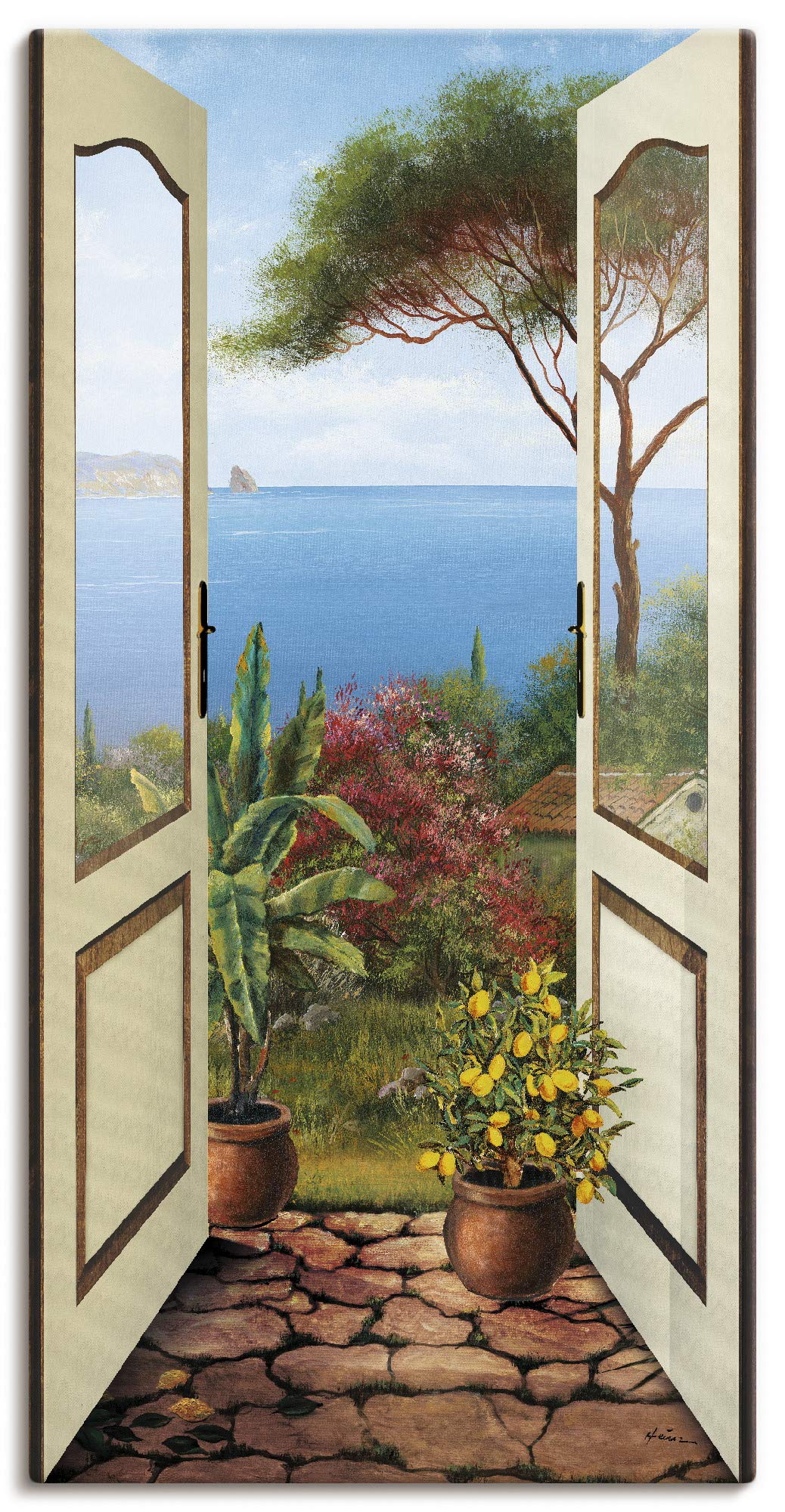 ARTland Leinwandbilder Bild Leinwand Wandbilder 50x100 cm Fensterblick Garten Meer Landschaft Küste