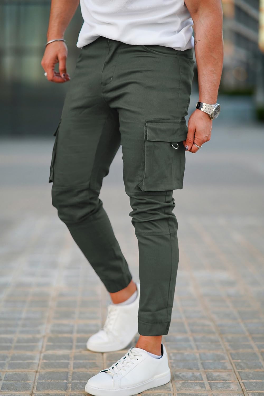 GINGTTO Herren Cargo Hose Stretch Jogginghose für Männer Casual Slim Fit Cargohose Herren Armee Grün