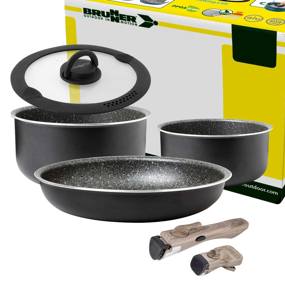 BRUNNER Camping Kochgeschirr-Set Alu (Töpfe und Pfannen) - ø 20, 22, 24, 26-cm Pirate Vakublock - 4