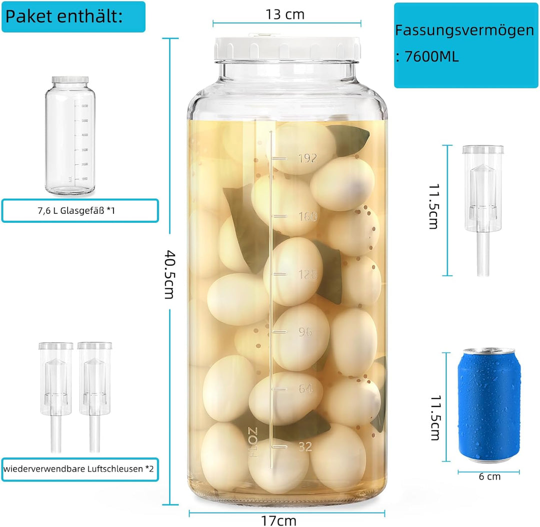 7,6 Litre Gross Fermentierglas mit Luftschleuse - Gärglas Fermentationsgläser Sauerteig Starter Set