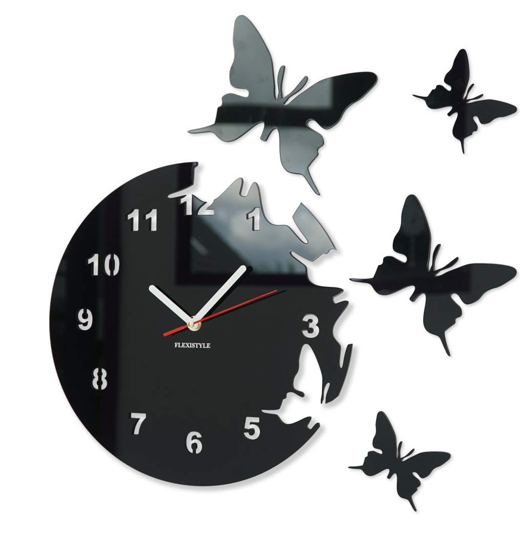 Grosse moderne Wanduhr Schmetterling Schwarz rund 30cm, 3d DIY, Wohnzimmer, Schlafzimmer, Kinderzimm