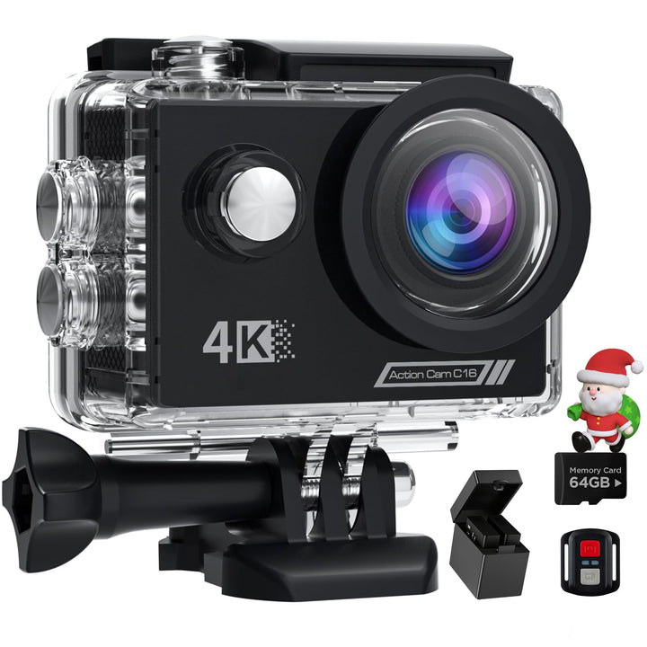 4K Action Cam mit 64G SD Card, 40M Unterwasserkamera WiFi 170° Helmkamera HD 20MP Wasserdicht Action