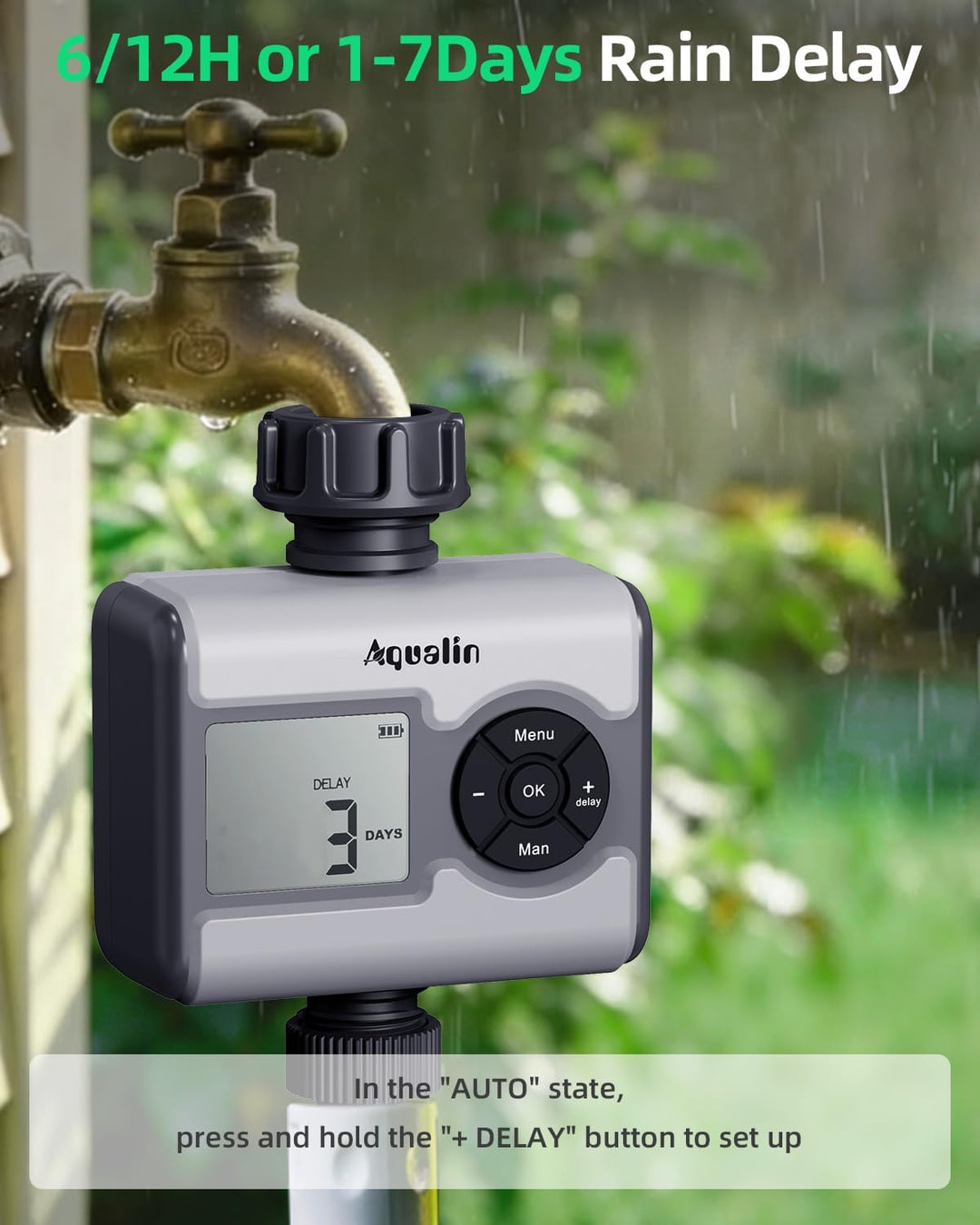 LCD Wasserzeitschalter mit Messing-Eingang – 3 Bewässerungsmodi, Verzögerungsfunktion & Regensensor-
