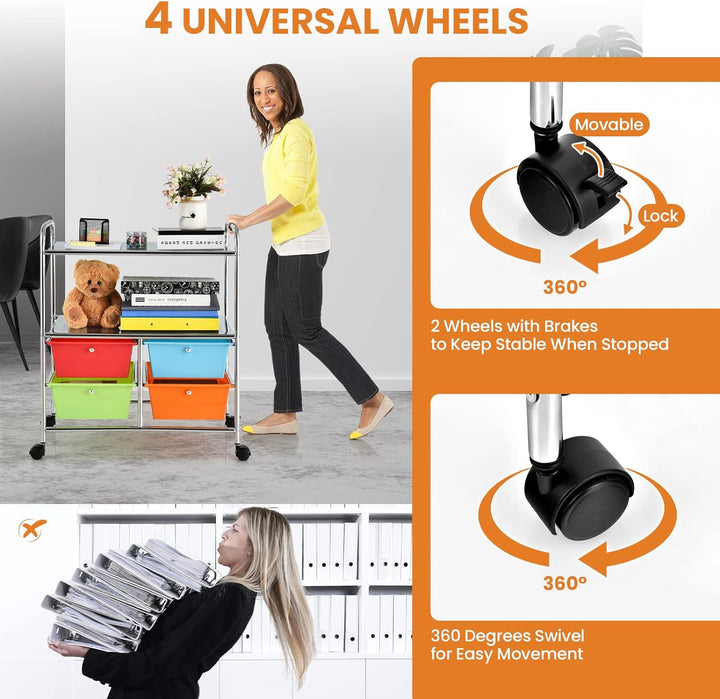 GIANTEX Rollwagen mit 4 Schubladen stapelbar, Schubladenwagen mit 2 Ablageflächen & Metallgestell, B
