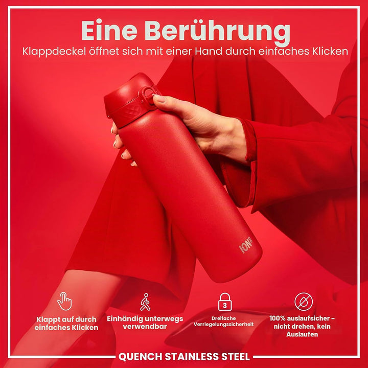 Ion8 1 Liter Edelstahl Trinkflasche, Auslaufsicher, Einhandöffnung, Sichere Verriegelung, Spülmaschi
