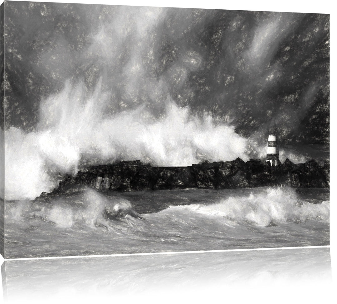 Pixxprint Tobendes Meer mit Leuchtturm als Leinwandbild/Grösse: 100x70 cm/Wandbild/Kunstdruck/fertig
