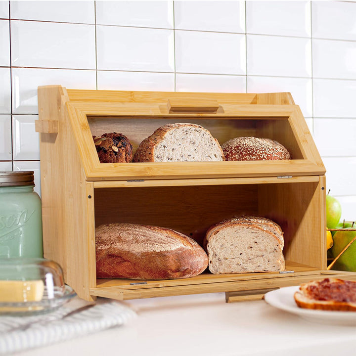 Bambus Brotkasten mit Belüftung, Grosser Brotbox, 2 Etagen und Sichtfenster, Holz Brotbehälter für H