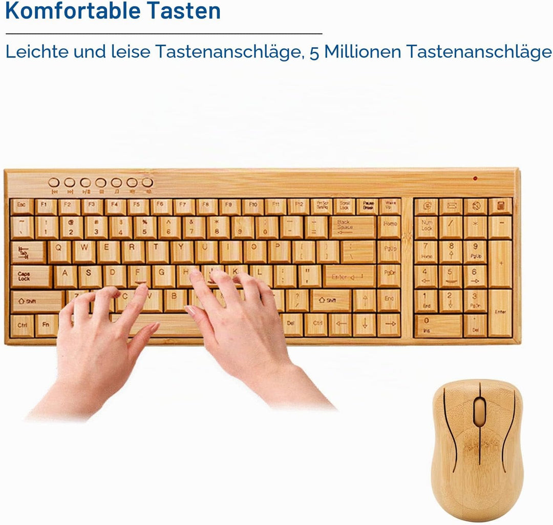 Kabellose Maus-Tastatur aus Bambus, Computer-Steuergeräte aus Holz mit 2,4-GHz-Wireless-Verbindung,