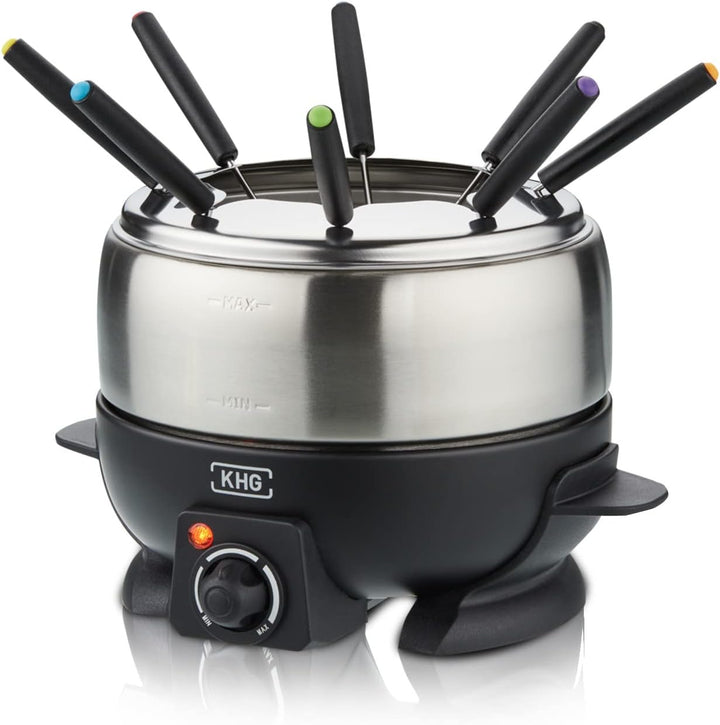 KHG Elektro-Fondue FO-800SE mit Edelstahl-Topf 1,8 L Silber für bis zu 8 Personen, variable Temperat
