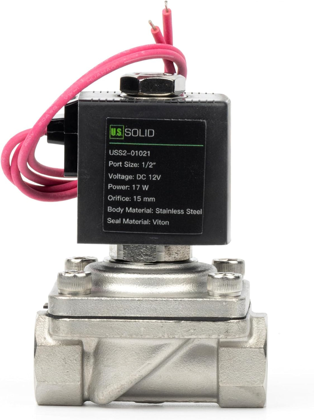 U.S. Solid 1/2" Magnetventil - Edelstahl DC 12V mit Viton-Dichtung, stromlos geschlossen, Bleidraht-