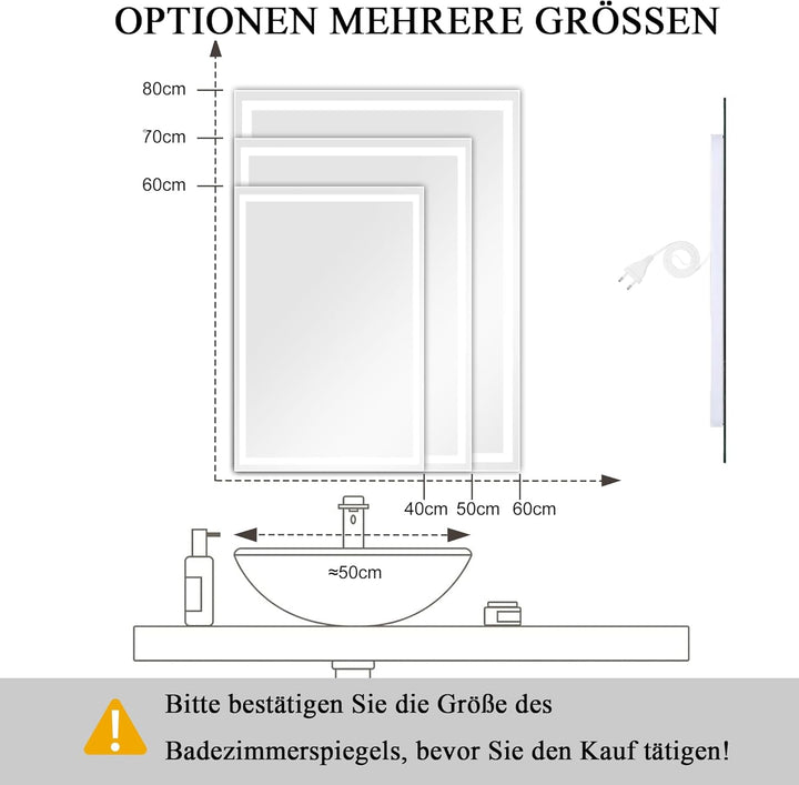 LED Badspiegel mit Beleuchtung, 40x60cm Spiegel mit Stecker, Spiegel mit Licht für Bad, Badezimmersp