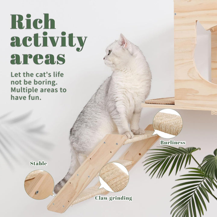 Set von Wandregalen für Katzen, mit Haus, Sisal-Kratzbaum, Kletterstufen, aus massivem Holz, für den