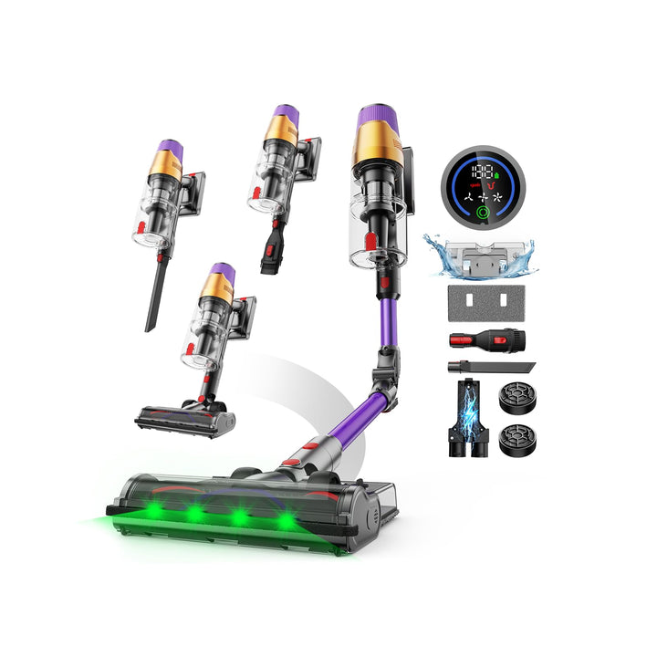 A12 Akku Staubsauger mit Wassertank, 50Kpa/600W/70Min/8-in-1, Kabelloser Staubsauger mit LED Touchsc