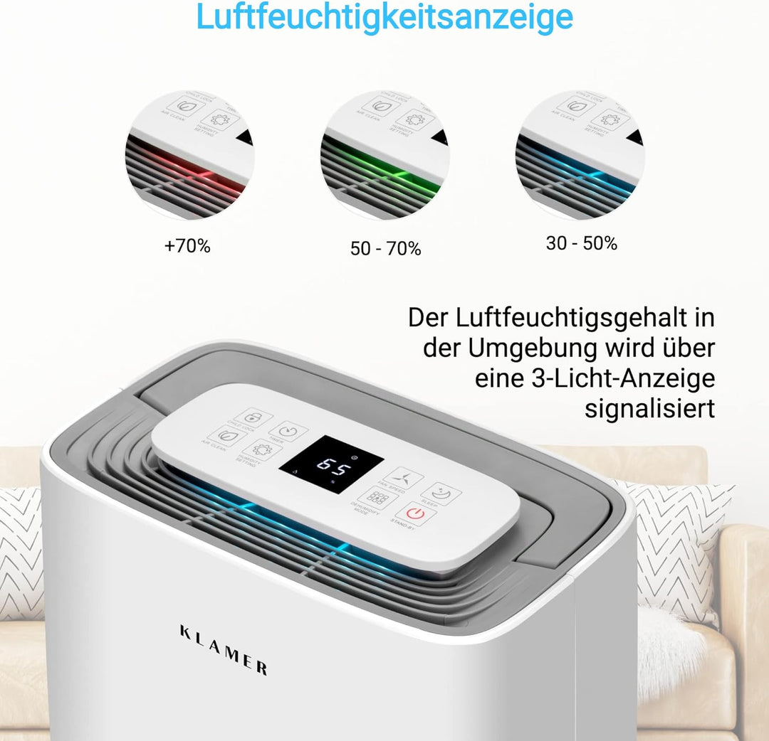 KLAMER Luftentfeuchter elektrisch 20L, 195m³ Luftumwälzung pro Stunde, 420W starker Raumentfeuchter,