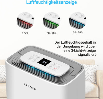 KLAMER Luftentfeuchter elektrisch 25L, 195m³ Luftumwälzung pro Stunde, 420W starker Raumentfeuchter,