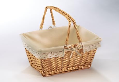 Kobolo Klappbügelkorb Weidenkorb mit Klapphenkeln eckig Textilfutter mit Häkelborte - braun - 40x30x