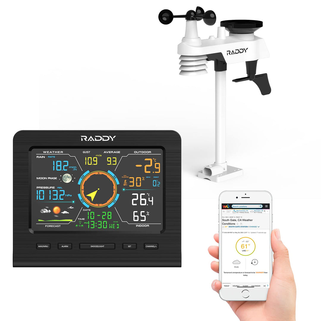 Raddy WF-100C Lite Wlan Wetterstation Funk mit Aussensensor, hermometer innen/ausen, Barometer, Hygr