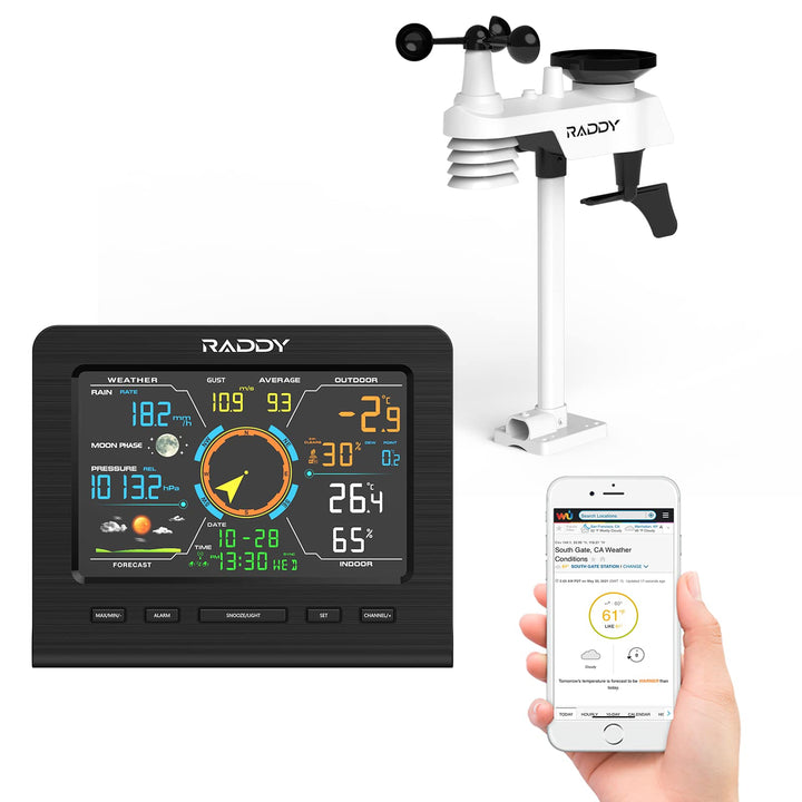 Raddy WF-100C Lite Wlan Wetterstation Funk mit Aussensensor, hermometer innen/ausen, Barometer, Hygr