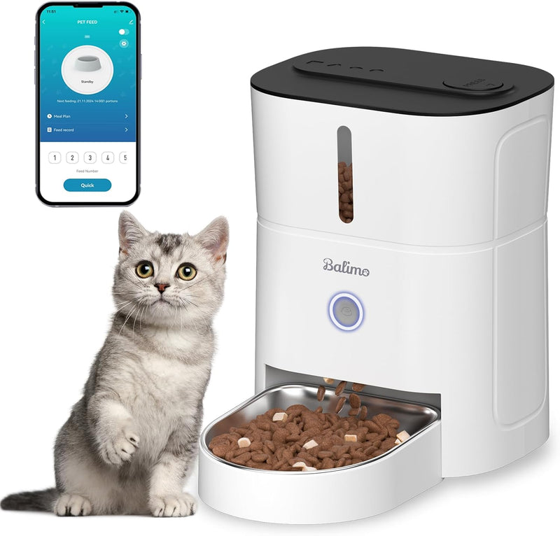 Balimo Futterautomat Katze, 3L Katzenfutter Automat, 2.4G WiFi Futterspender Katze, 1-10 Mahlzeiten,