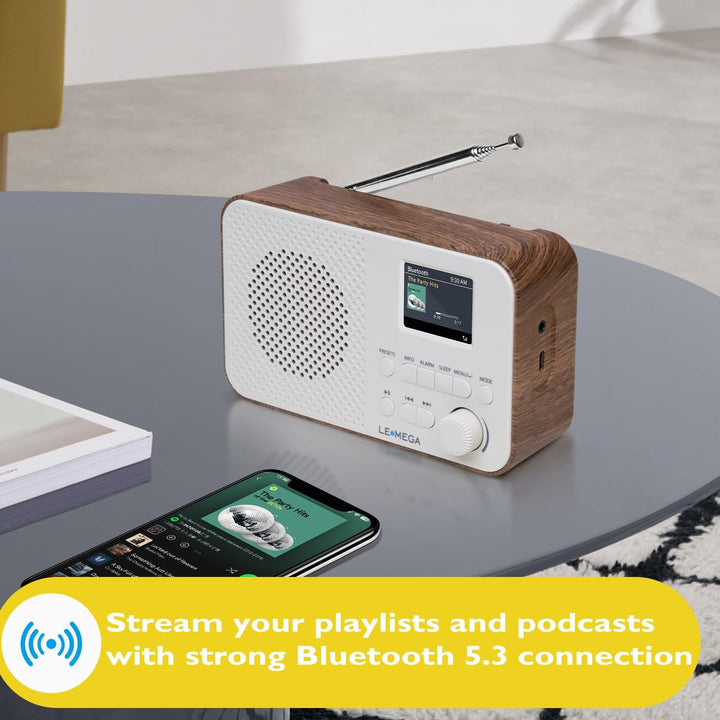 Tragbares DAB+-Radio mit Bluetooth | Wiederaufladbarer Akku mit 15 Stunden Spielzeit oder Netzbetrie