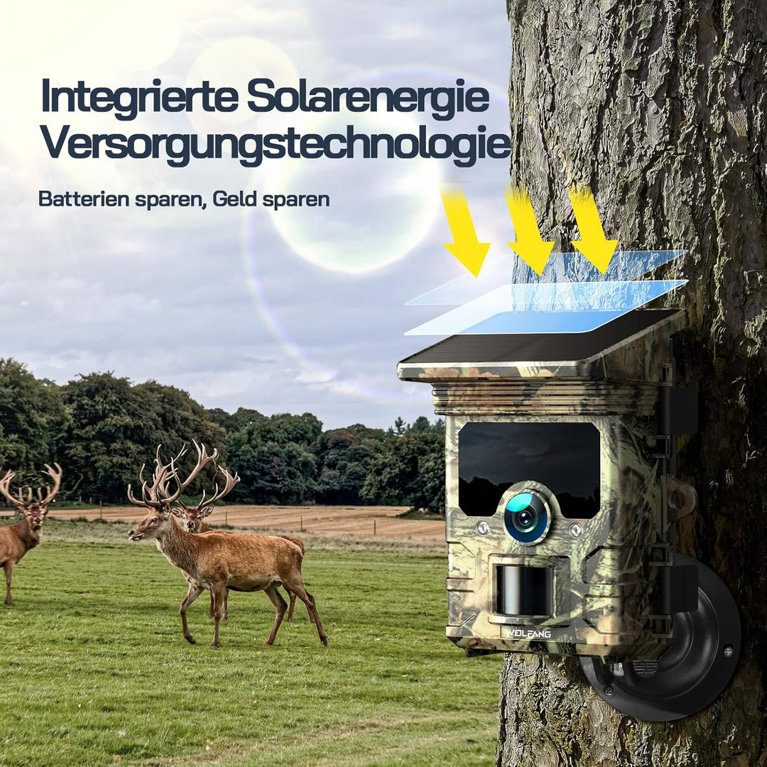 WOLFANG Solar Wildkamera 4K 46MP, WLAN Bluetooth Jagdkamera mit hervorragender Nachtsicht, Duale Str