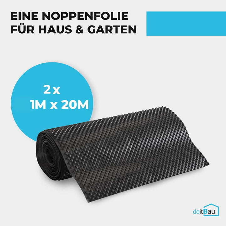 doitBau - 2x Noppenbahn 1x20m I Noppenfolie für Hochbeet I Noppenfolie Mauerschutz I Hochbeetfolie f