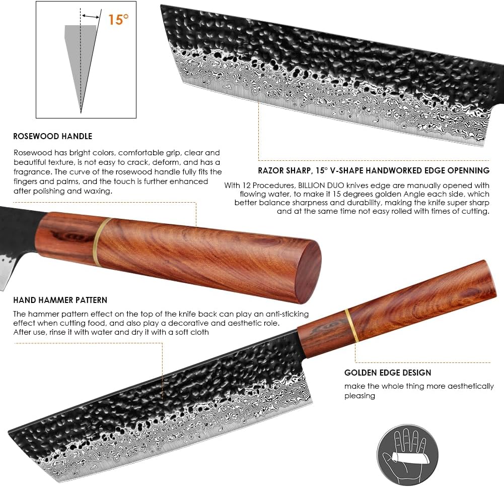 BILLION DUO Damastmesser Nakirimesser 18,3 cm, 67 Schicht VG10 Damaszener Stahl Kochmesser, Profi Fl