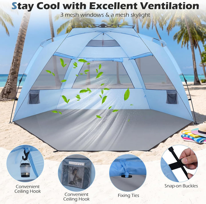 FANTASK Quick Up Strandmuschel, 3-4 Personen Strandzelt mit Reissverschlusstür &amp; 4 Mesh-Fenstern, V-