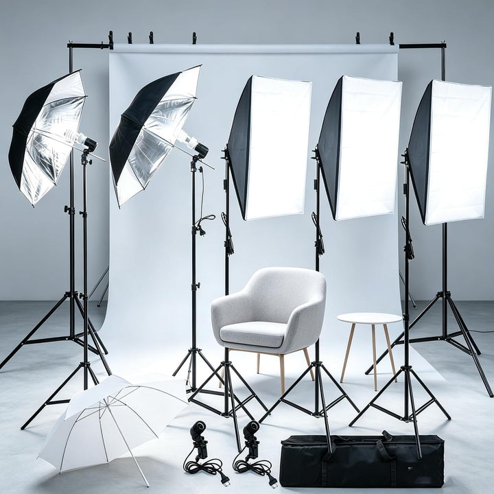 Bonnlo KS01 Fotostudio Set mit Softbox, Regenschirmen und Fotoleinwand Hintergrund – 5-in-1 Reflekto